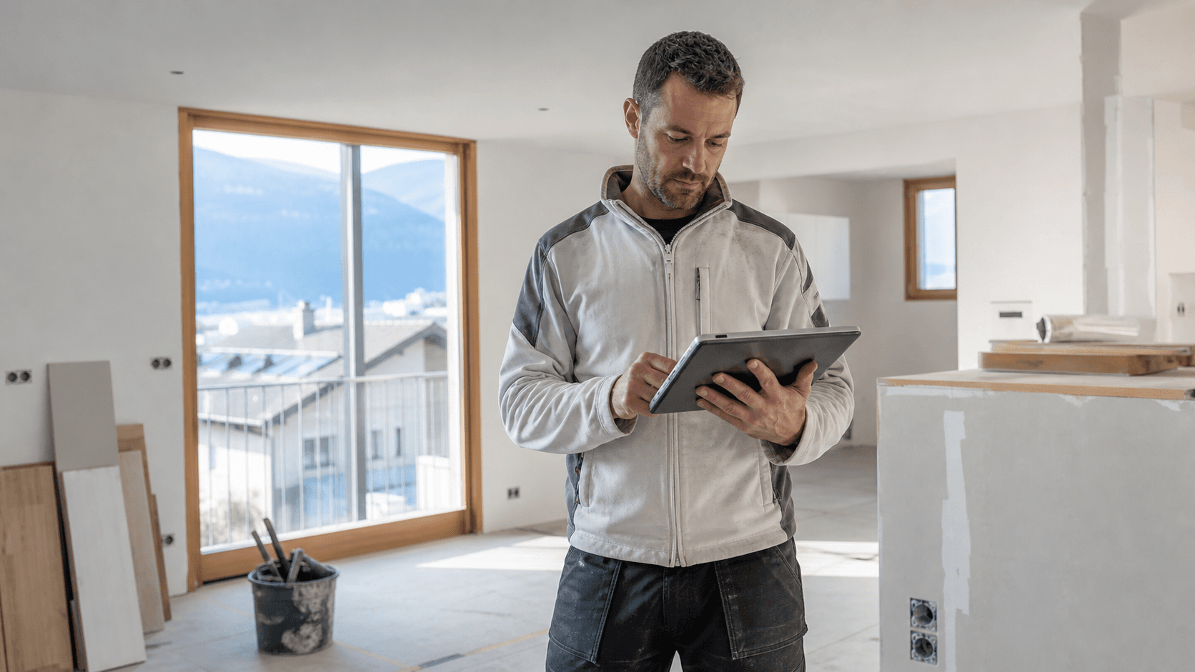 Artisan consultant le dossier d'un projet de rénovation dans un logement suisse