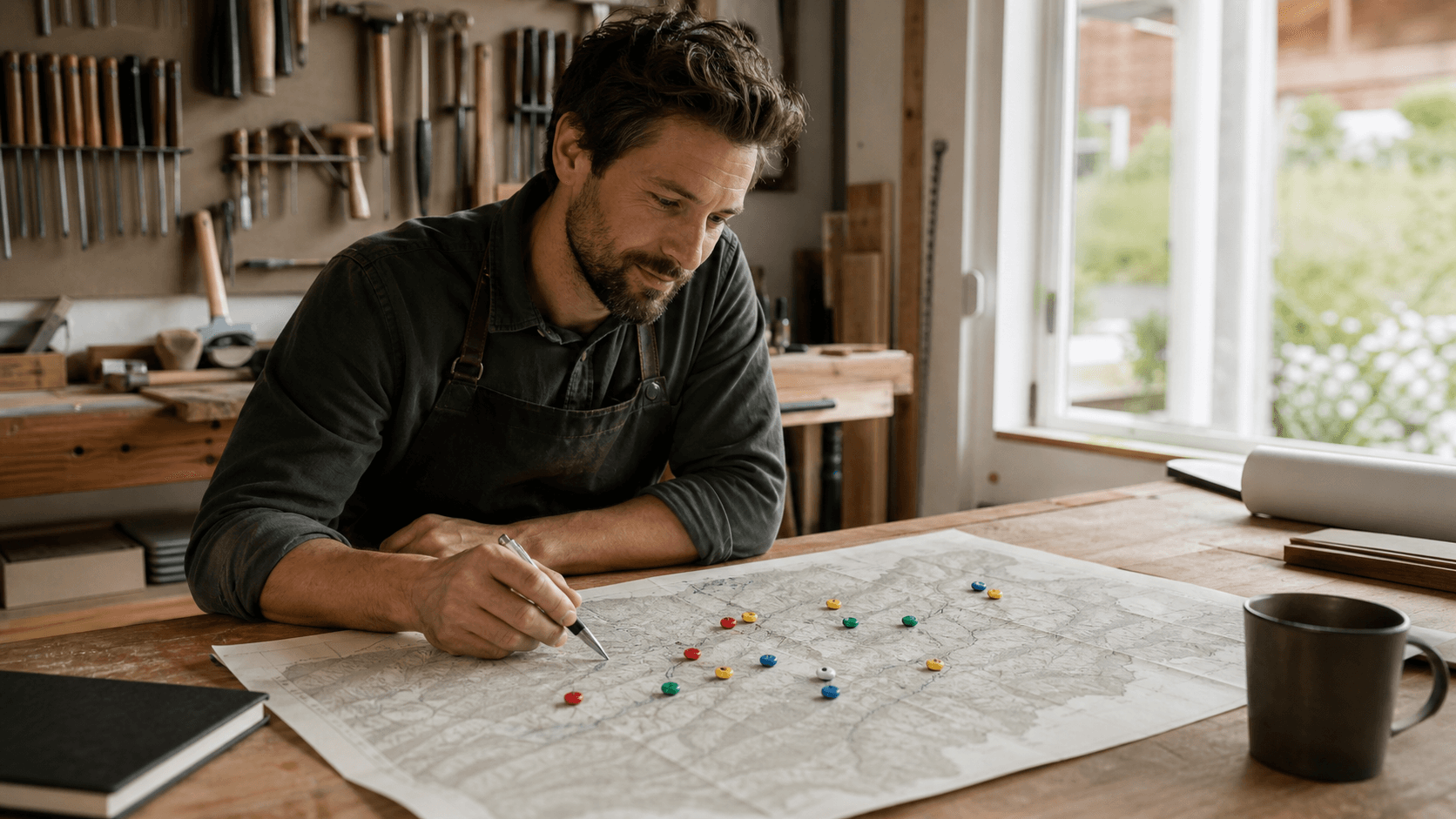 Artisan organisant ses zones d'intervention sur une carte à son atelier