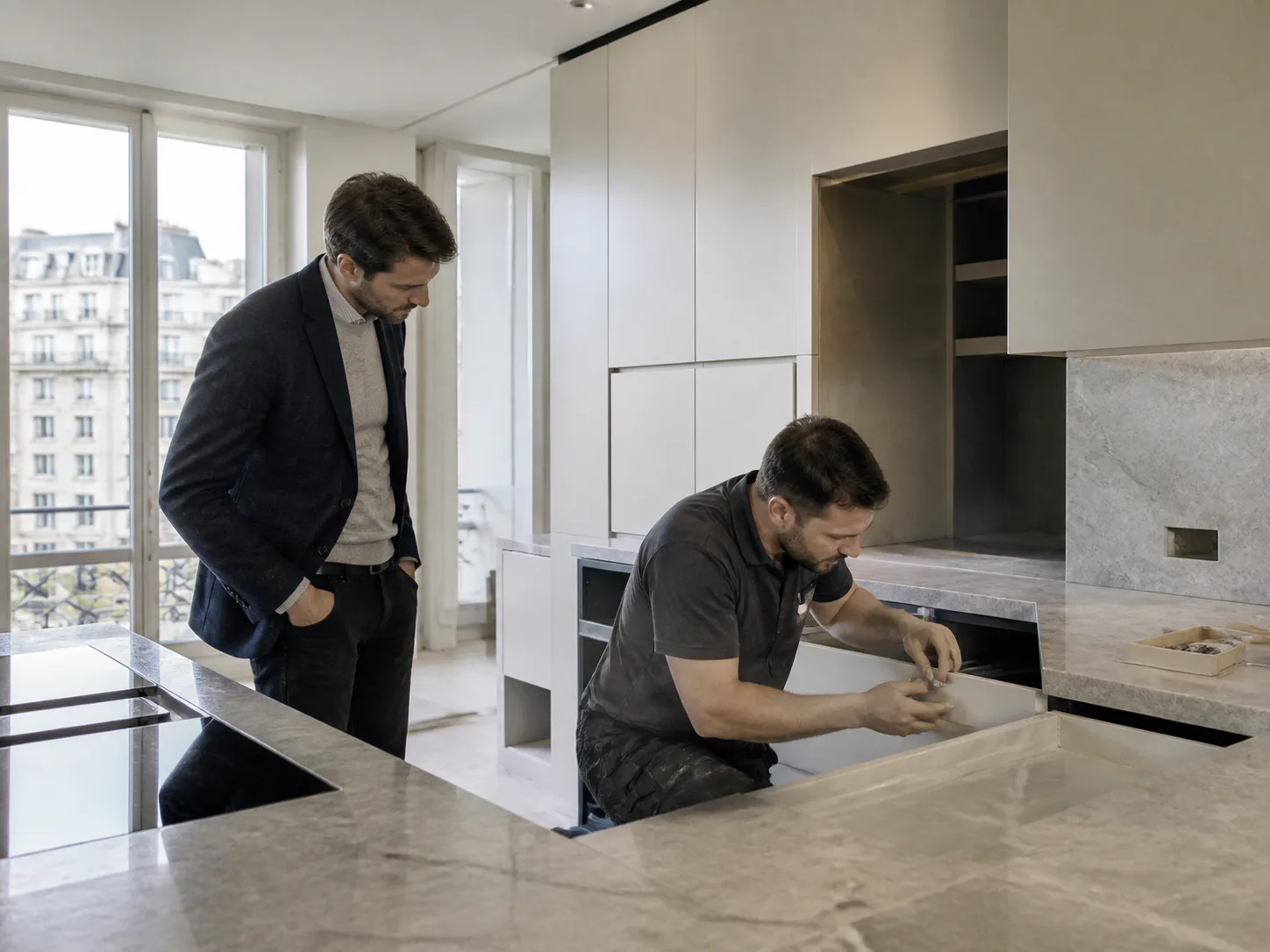 Artisan installant une cuisine sur mesure dans un appartement urbain
