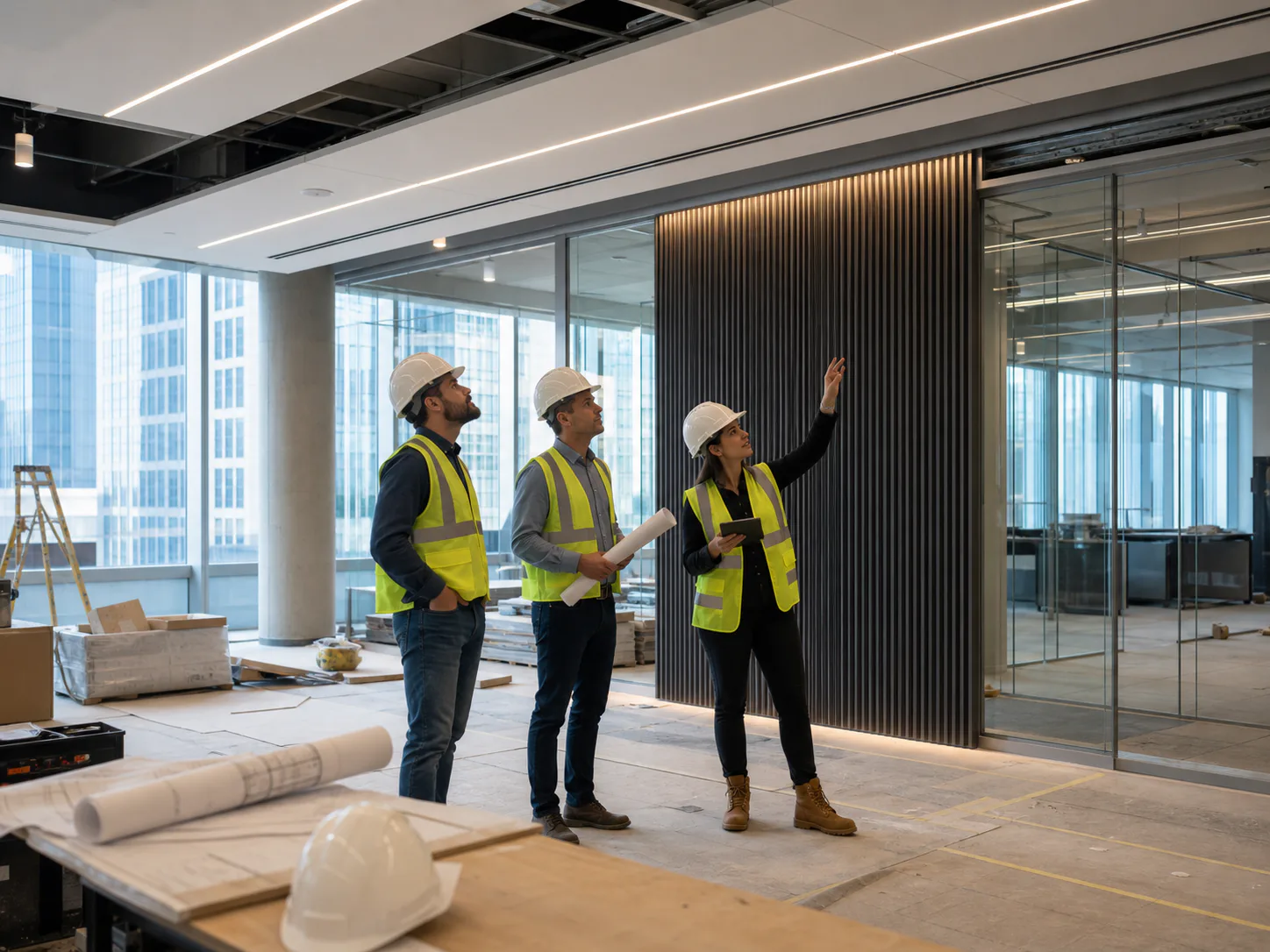 Équipe visitant un chantier de bureaux contemporains