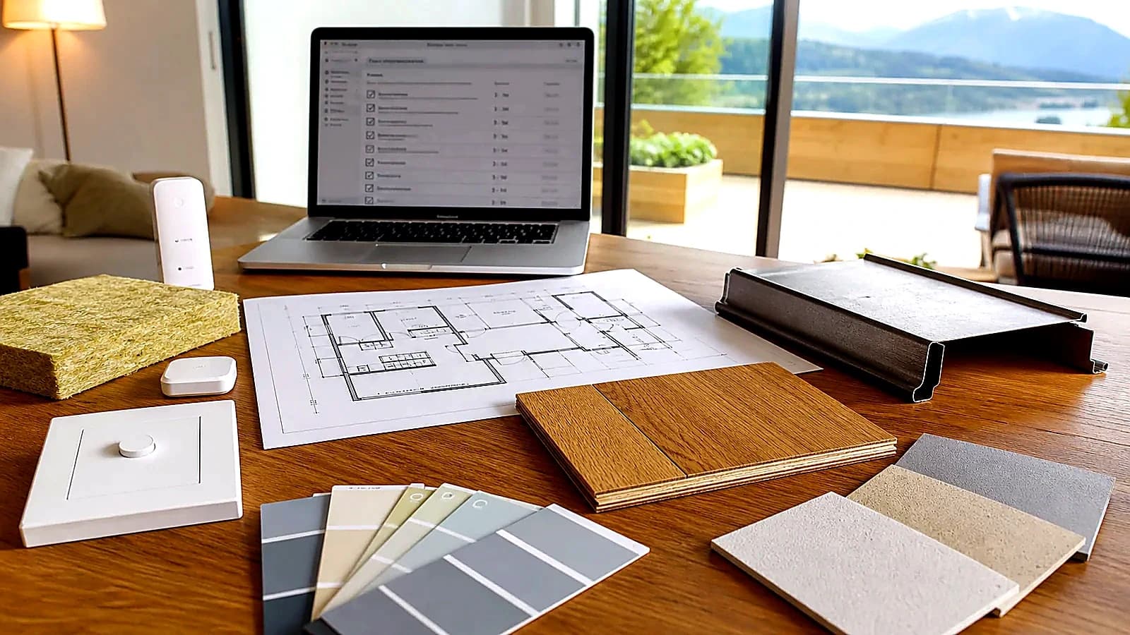 Planungstisch mit Bauplan, Parkett, Schallschutz, Spenglerei, Smart-Home-Modul und Fassadenmustern