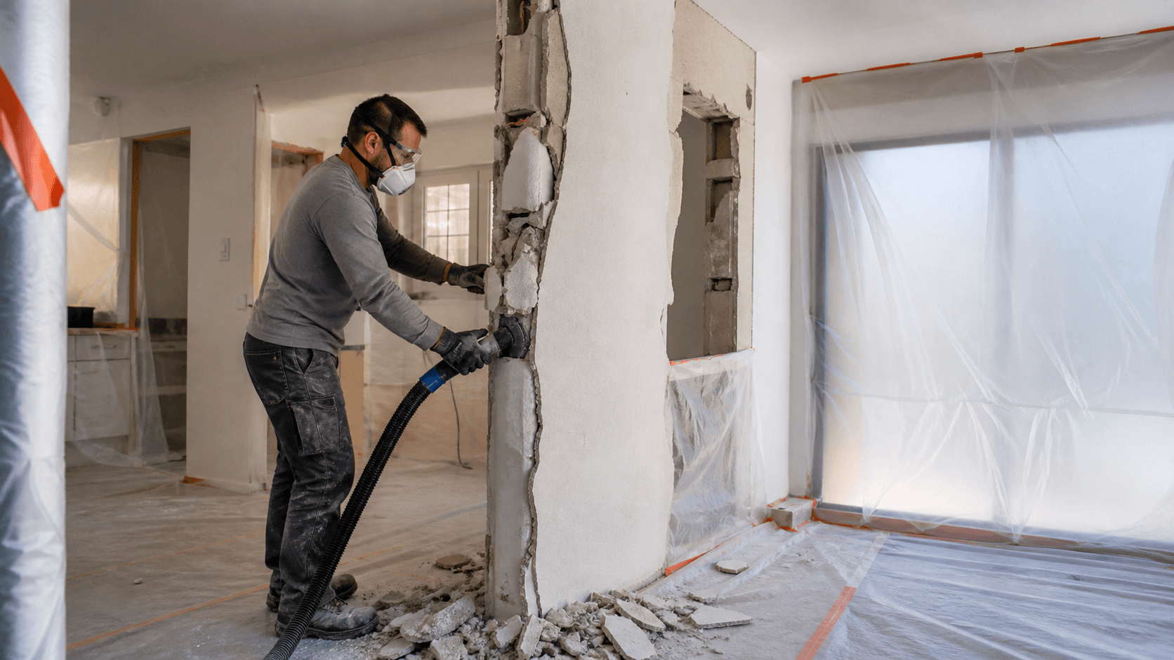 Professionnel protégé lors d’une démolition intérieure préparée dans un logement suisse