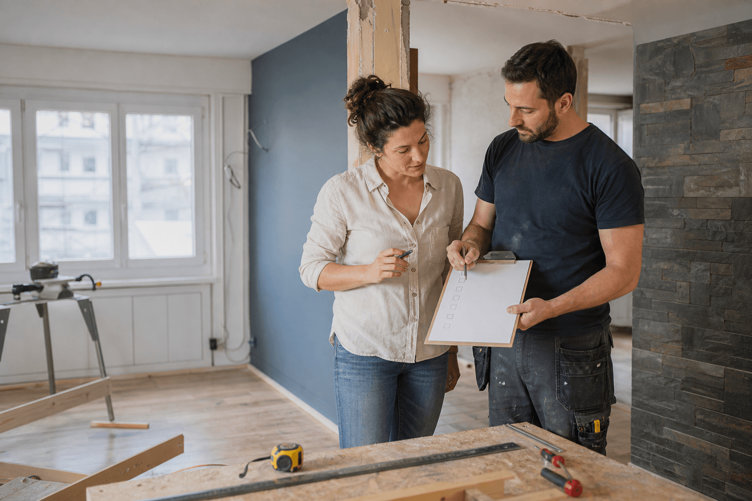 Artisan suisse et propriétaire préparant Checklist avant de confier ses travaux à un artisan