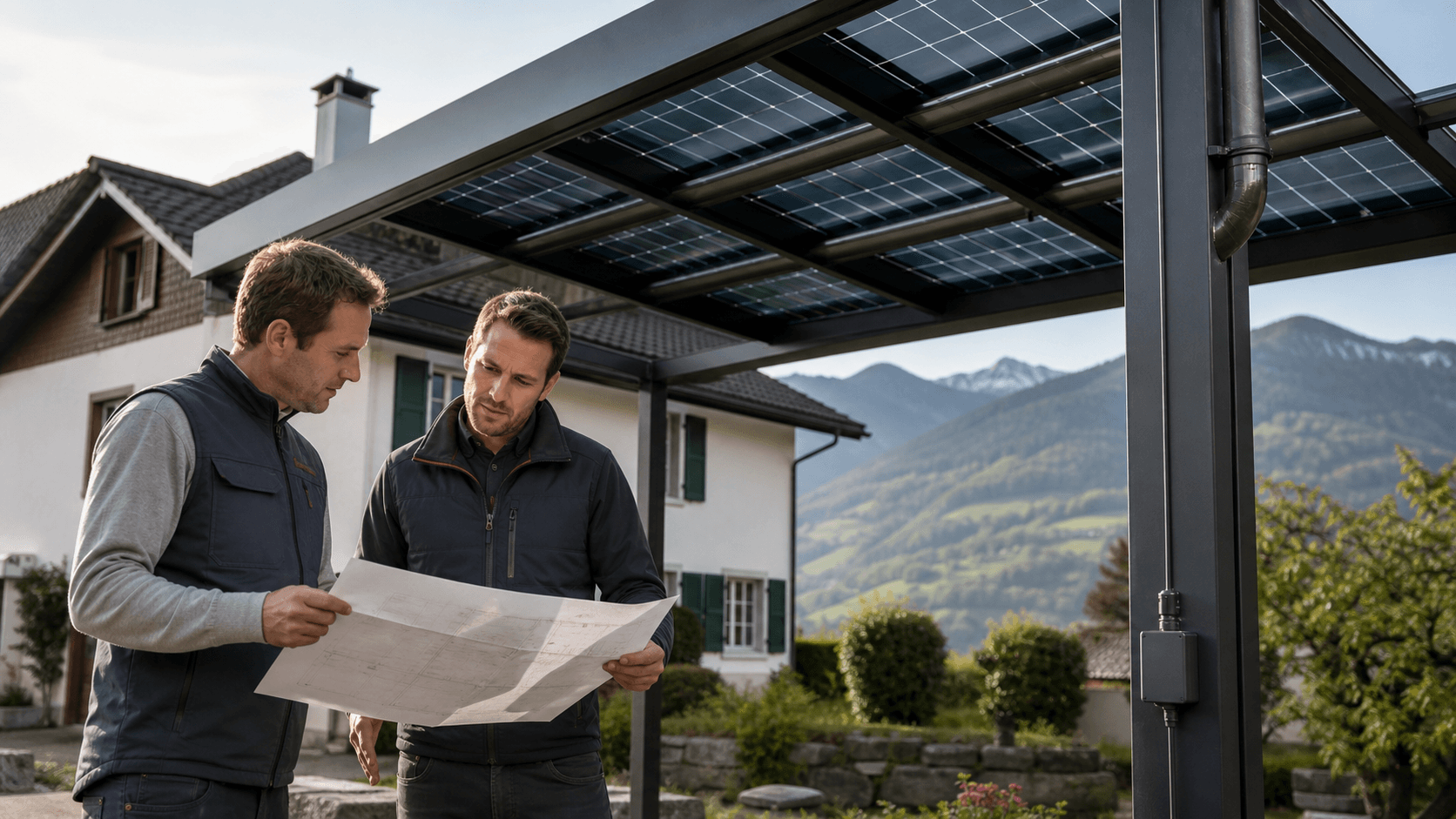 Artisans étudiant une pergola solaire devant une maison suisse