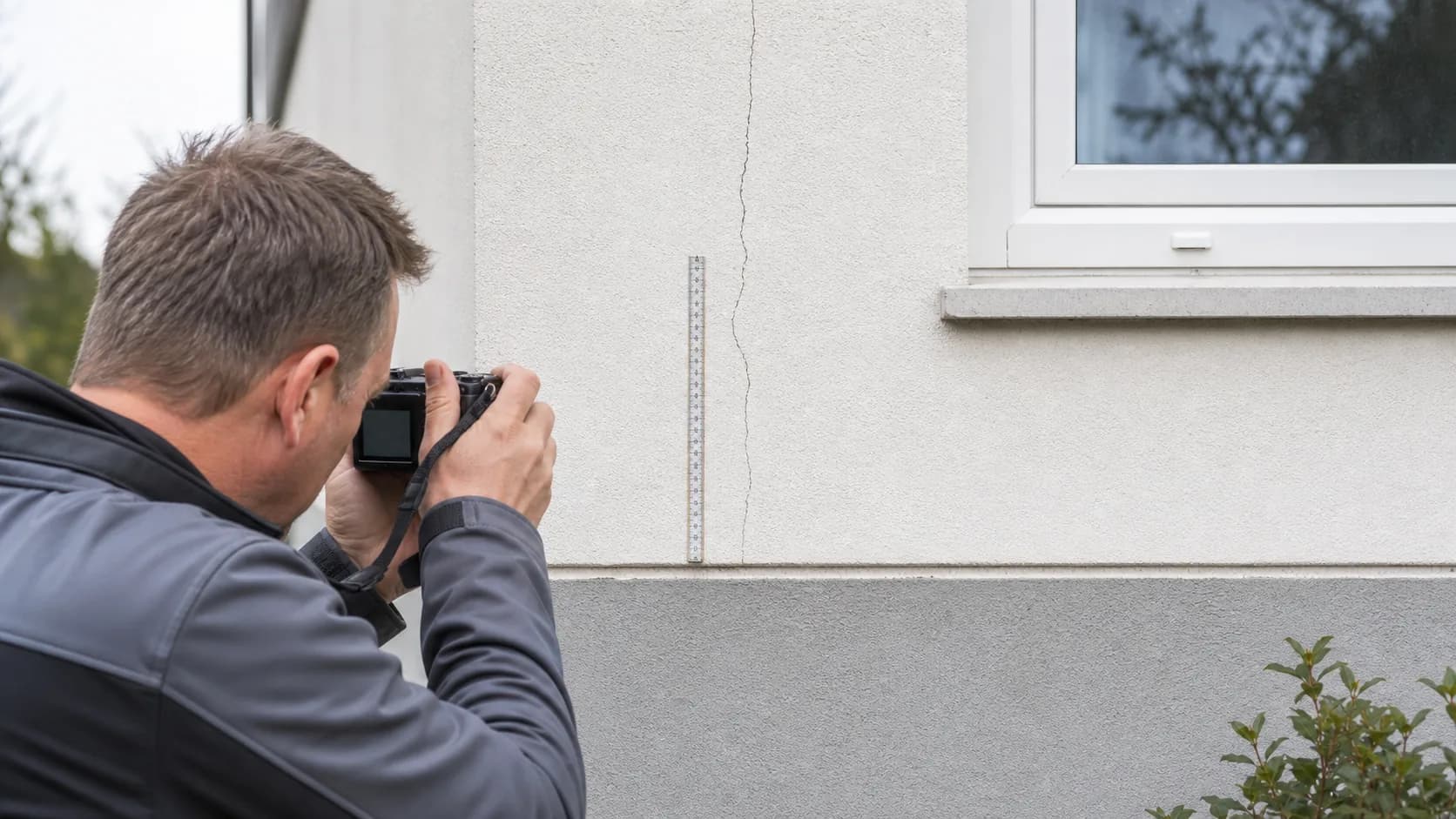 Diagnostic photographique d'une fissure de façade avec règle de mesure