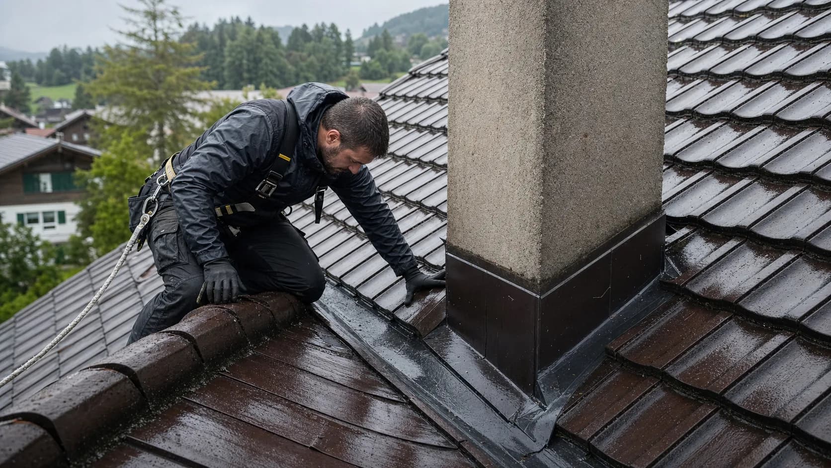 Couvreur inspectant un raccord de cheminée sur une toiture après la pluie