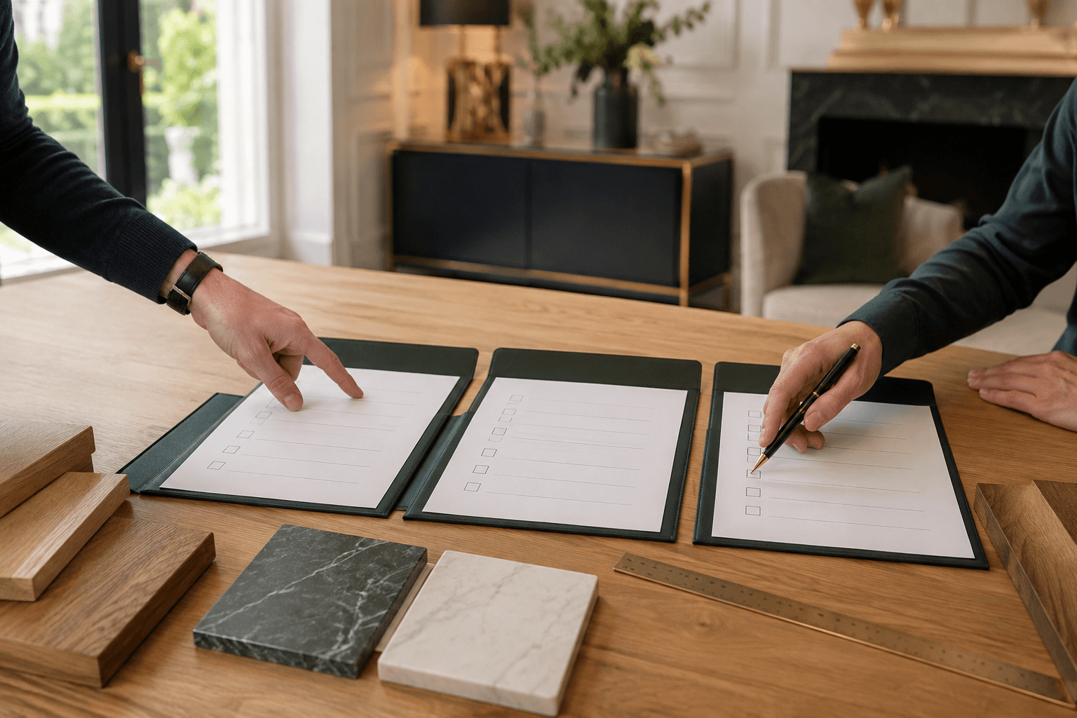 Personne relisant des documents de travaux sur une table