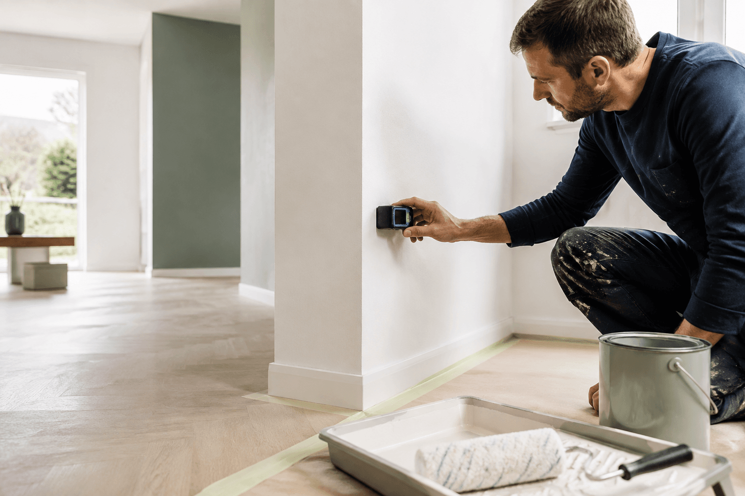 Peintre appliquant de la peinture sur un mur intérieur