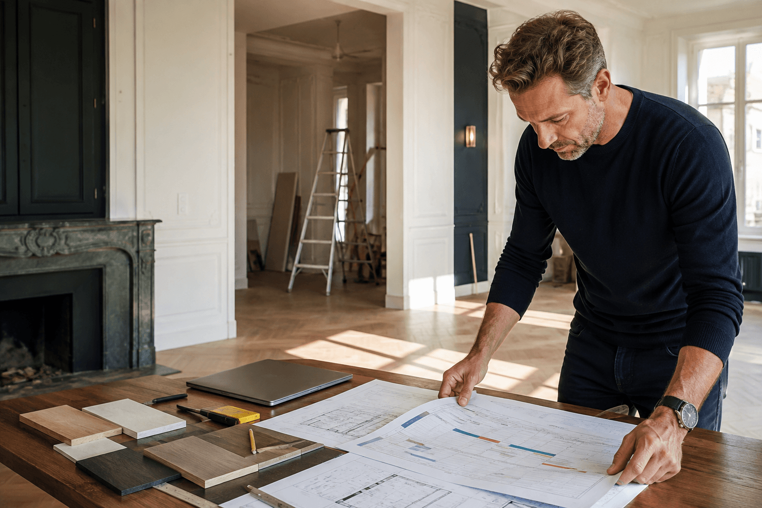 Calendrier de chantier et notes de planification sur un bureau