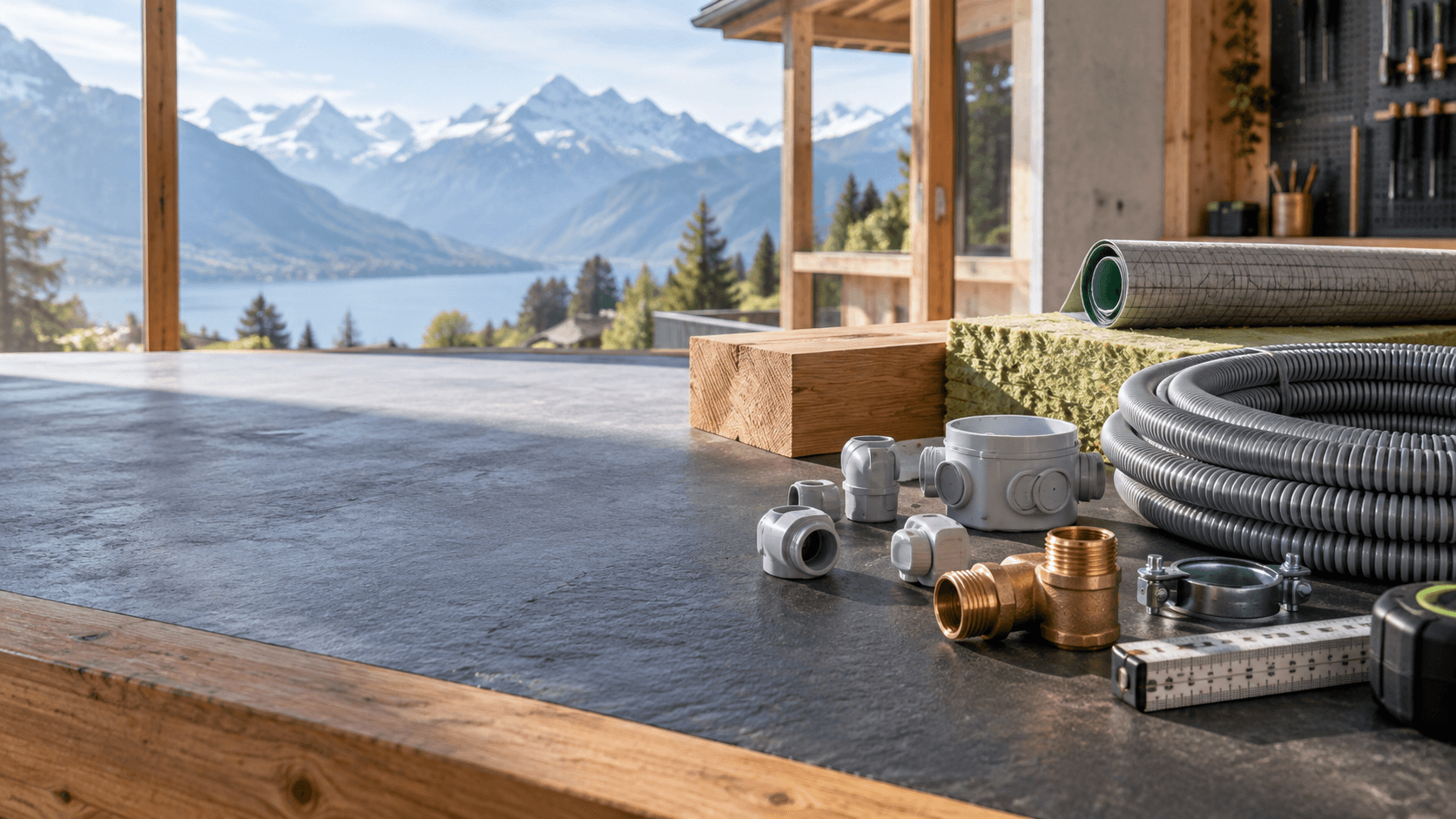 Établi de chantier avec fournitures pour électricien, plombier et menuisier