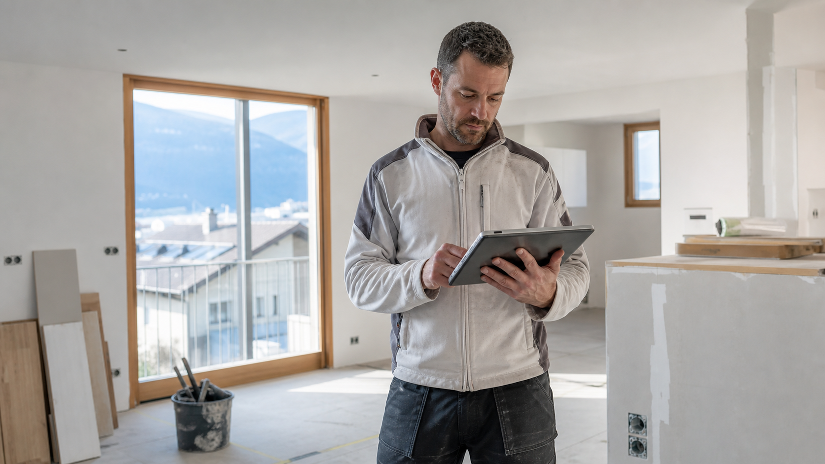 Artisan consultant le dossier d'un projet de rénovation dans un logement suisse