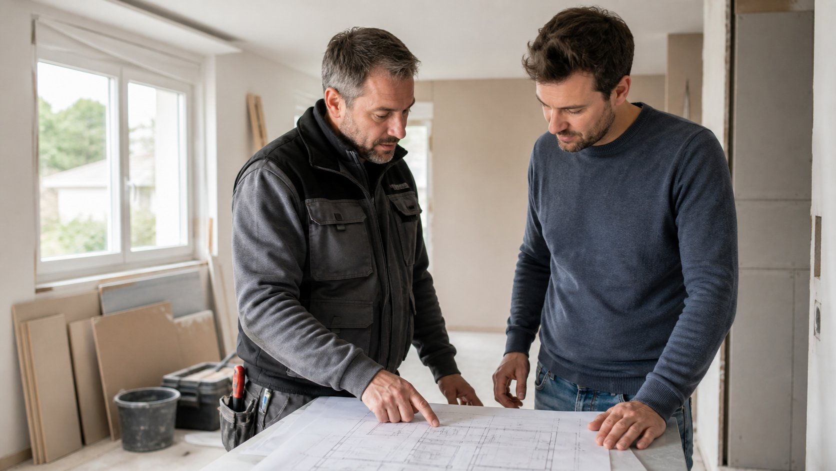 Artisan et propriétaire examinant ensemble le plan d'un projet de rénovation