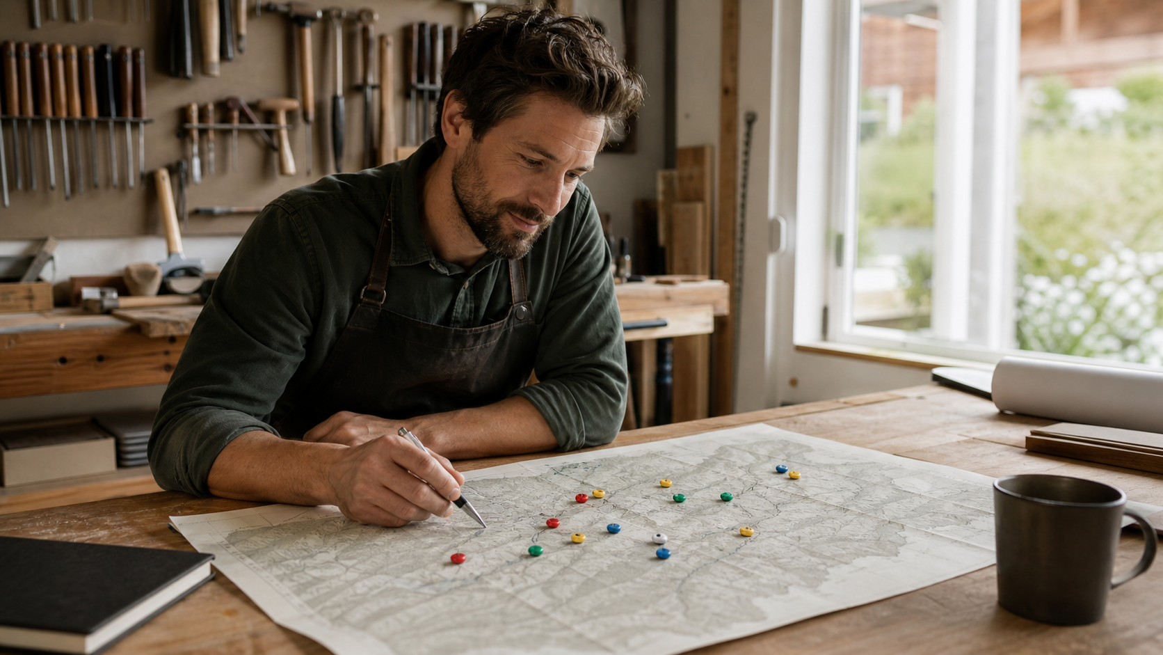 Artisan organisant ses zones d'intervention sur une carte à son atelier