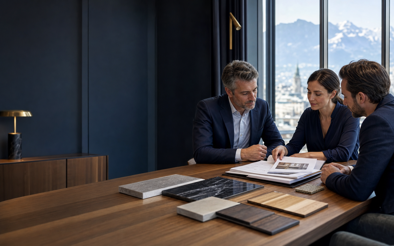 Swiss professionals reviewing a renovation file and material samples