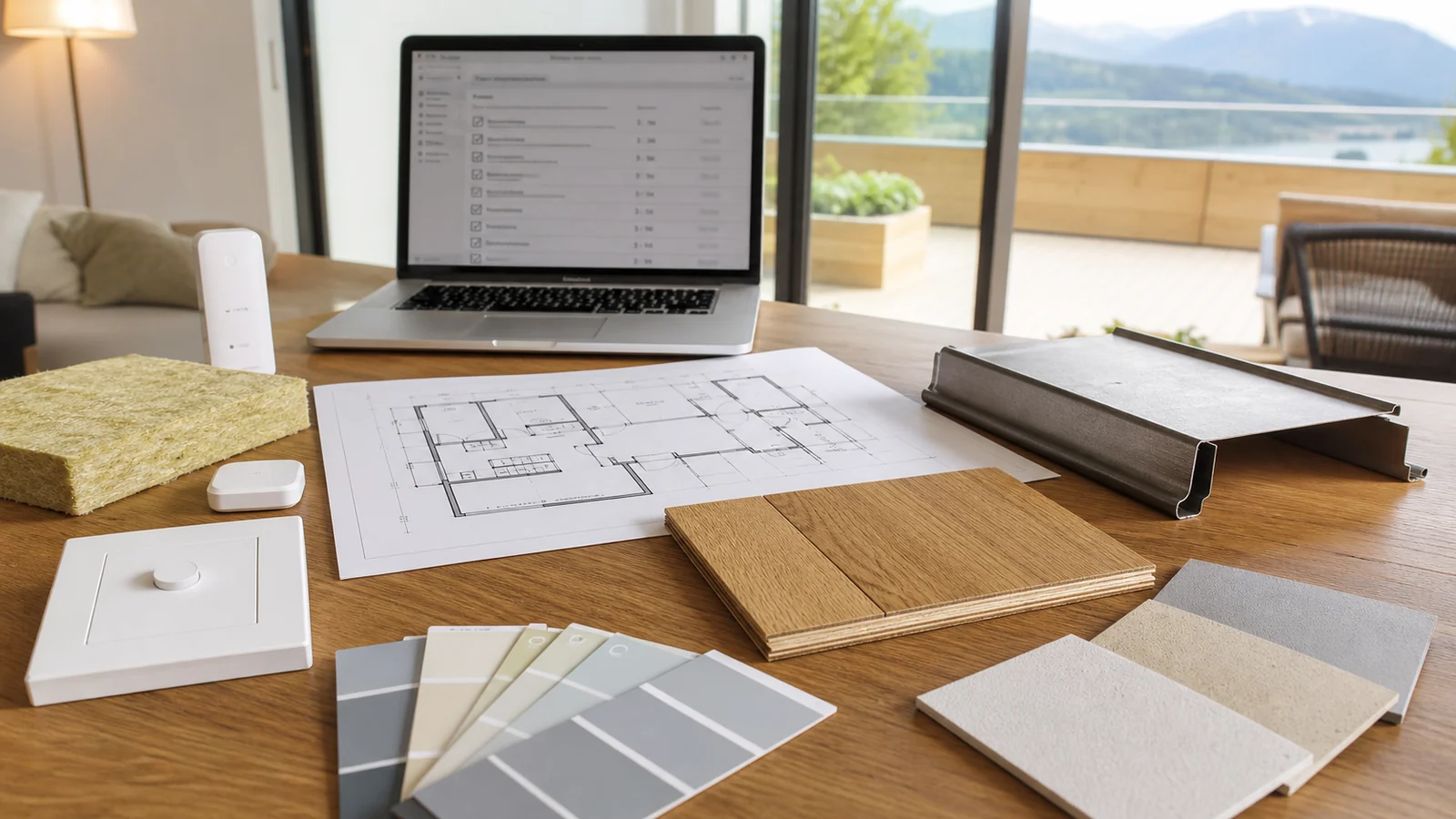 Planungstisch mit Bauplan, Parkett, Schallschutz, Spenglerei, Smart-Home-Modul und Fassadenmustern