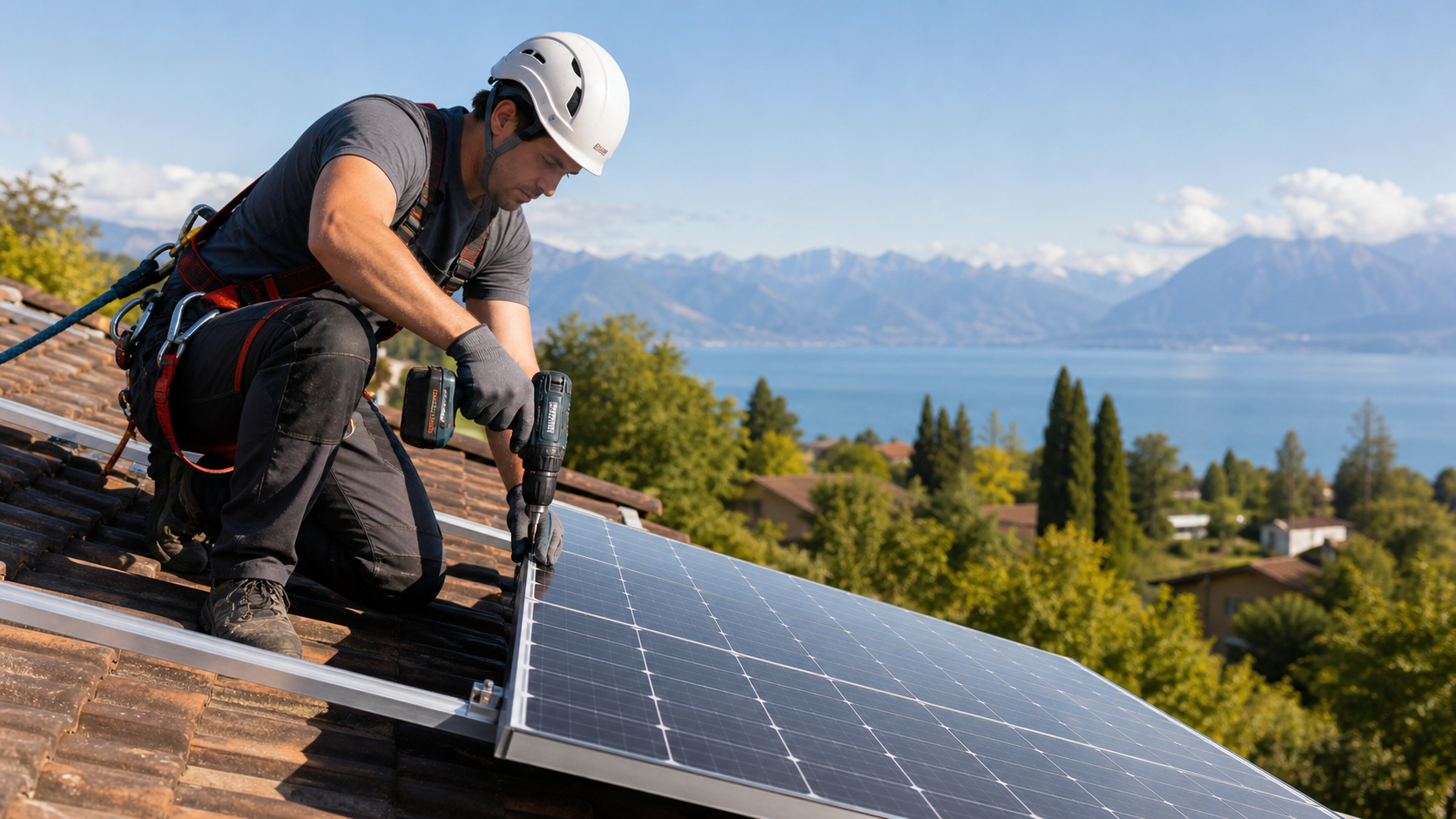 Photovoltaik-Installateur auf einer Baustelle in der Romandie