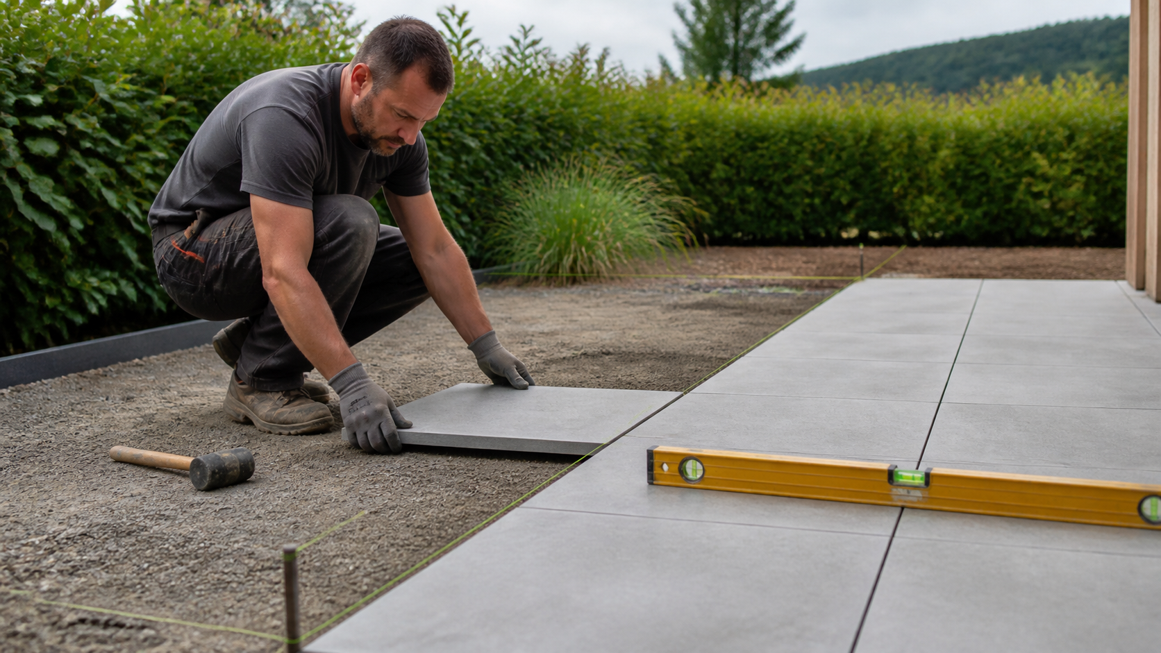 Terrassen- und Pflasterbauer auf einer Baustelle in der Romandie