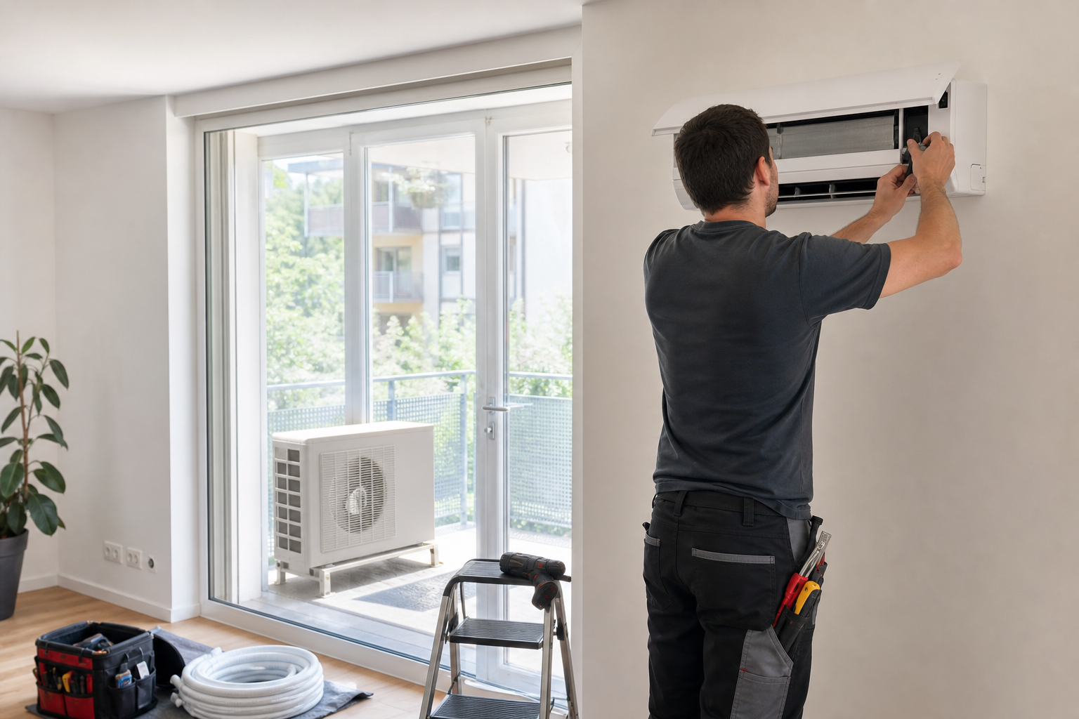 Technicien installant une climatisation réversible dans un appartement suisse