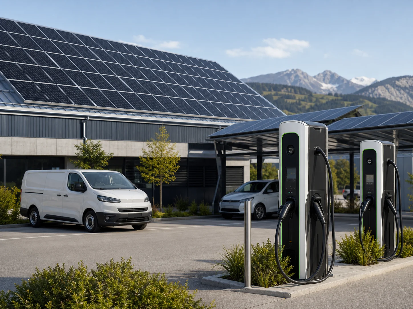 Bâtiment professionnel suisse avec panneaux photovoltaïques, ombrière solaire et bornes de recharge