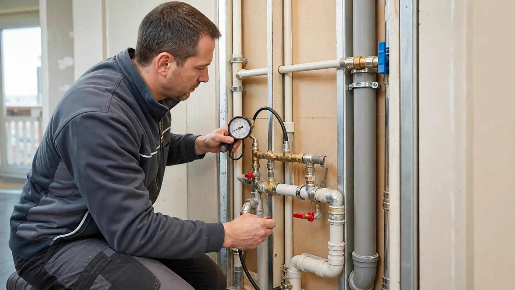 Plombier testant les conduites d'eau et évacuations avant fermeture