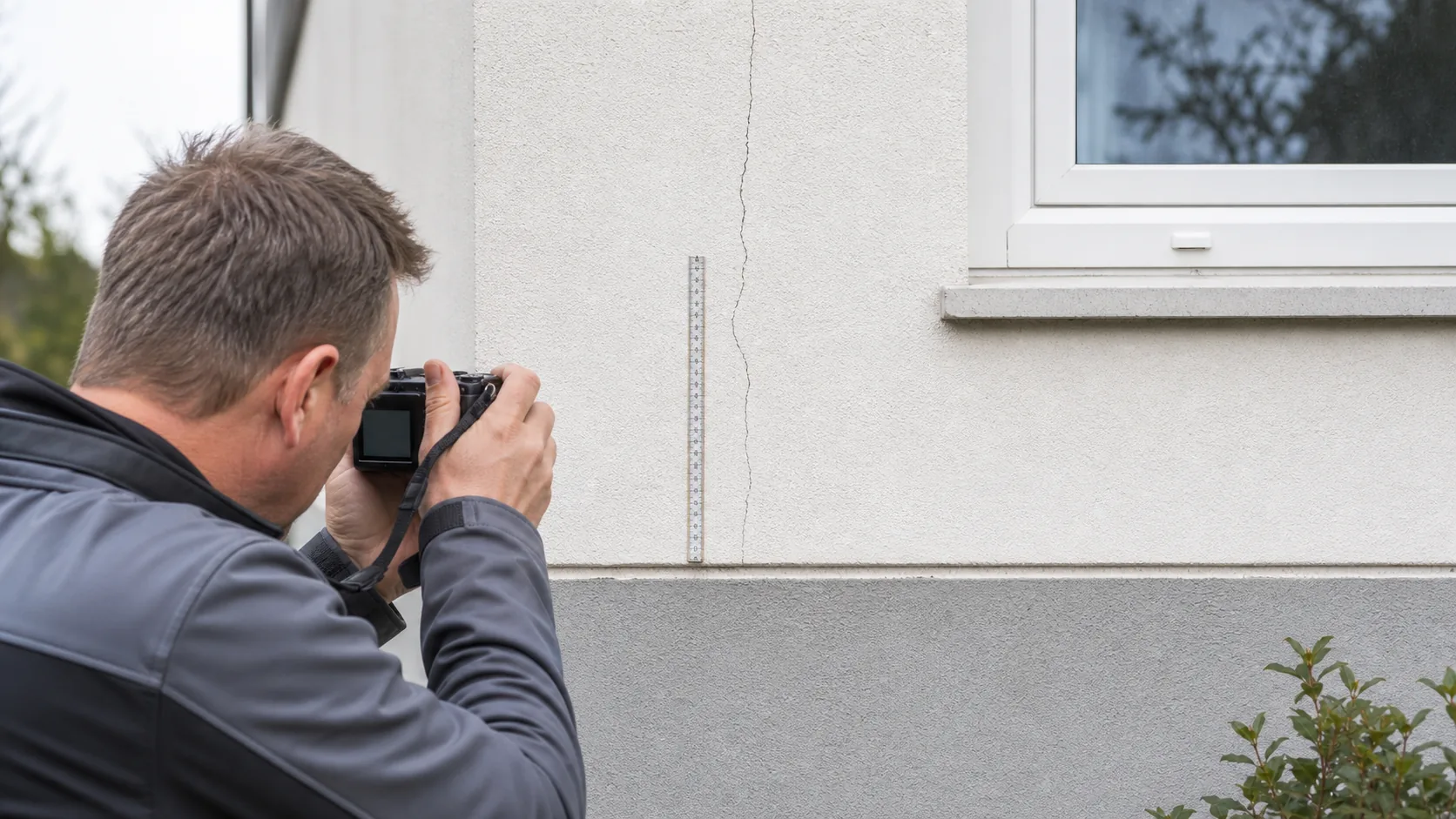 Diagnostic photographique d'une fissure de façade avec règle de mesure