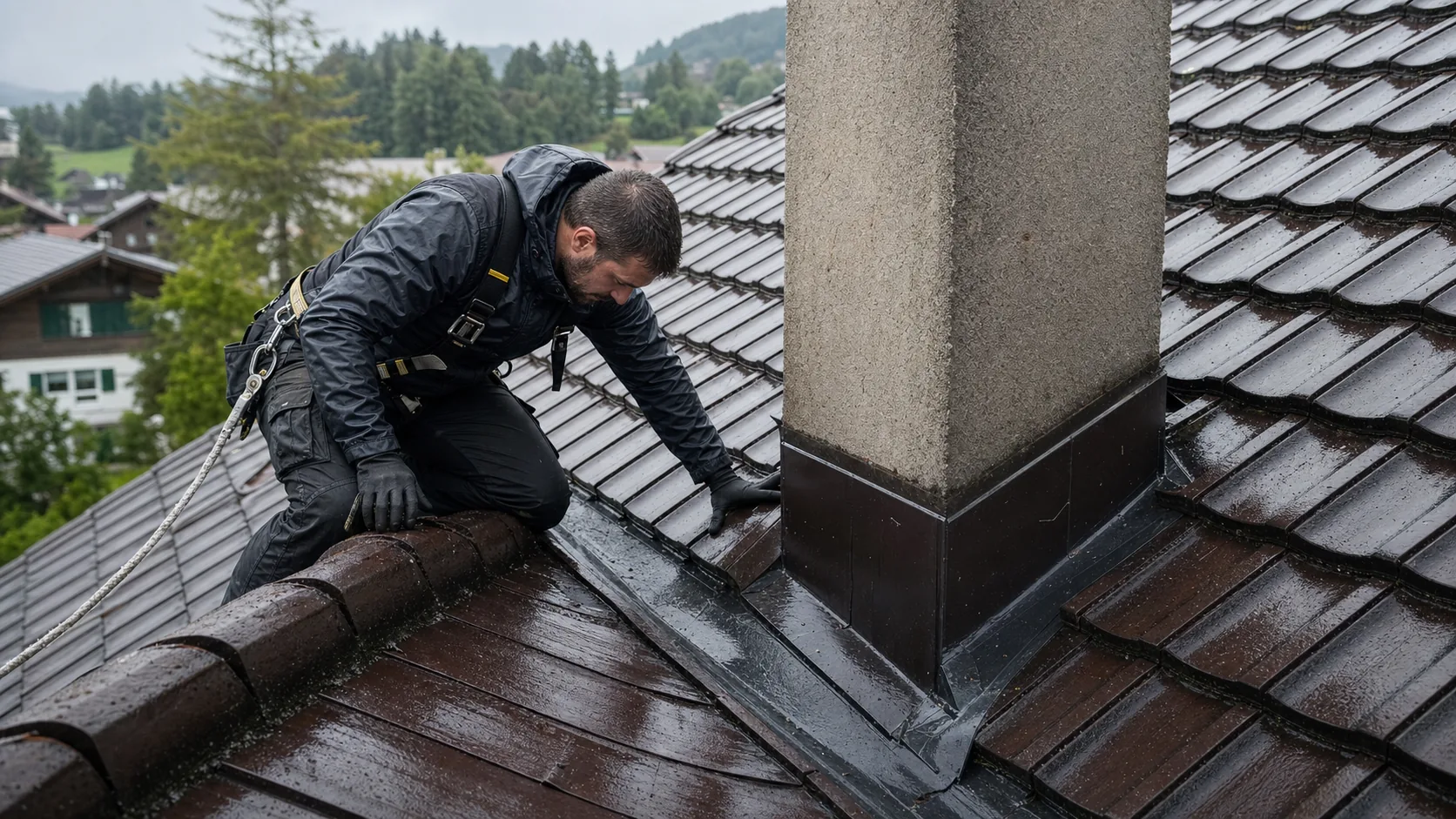 Couvreur inspectant un raccord de cheminée sur une toiture après la pluie