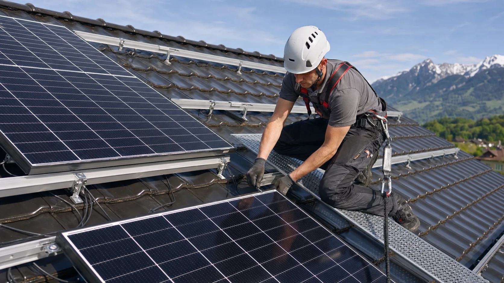 Installateur photovoltaïque contrôlant les fixations sur une toiture