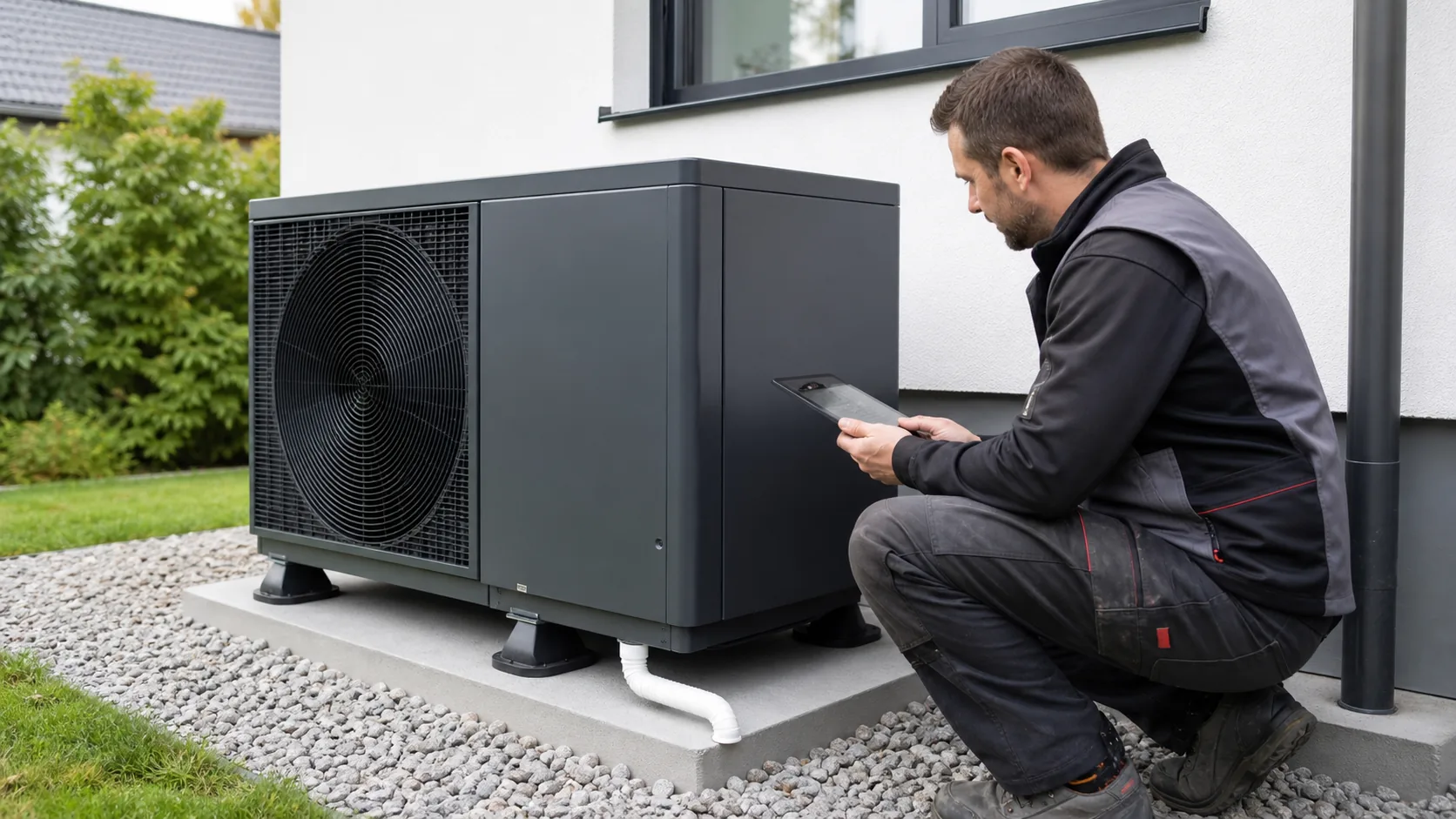 Technicien mettant en service une pompe à chaleur sur plots antivibratiles