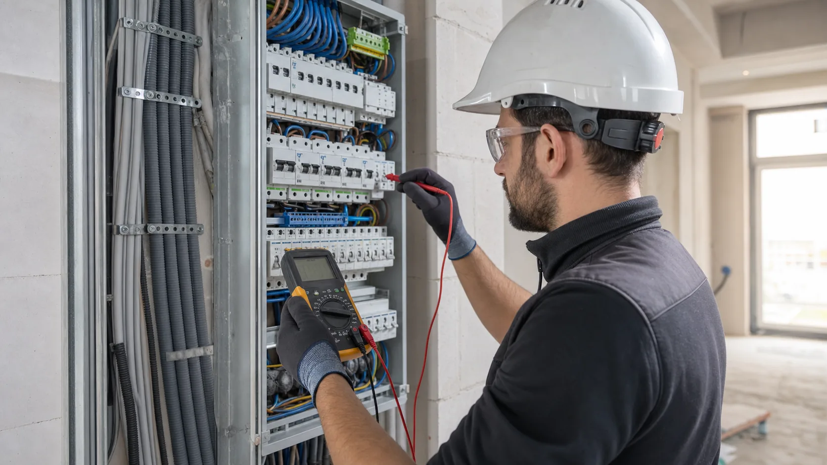Électricien contrôlant un tableau électrique rénové