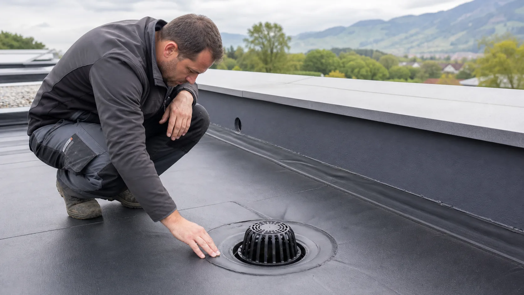Spécialiste contrôlant une évacuation sur toiture plate