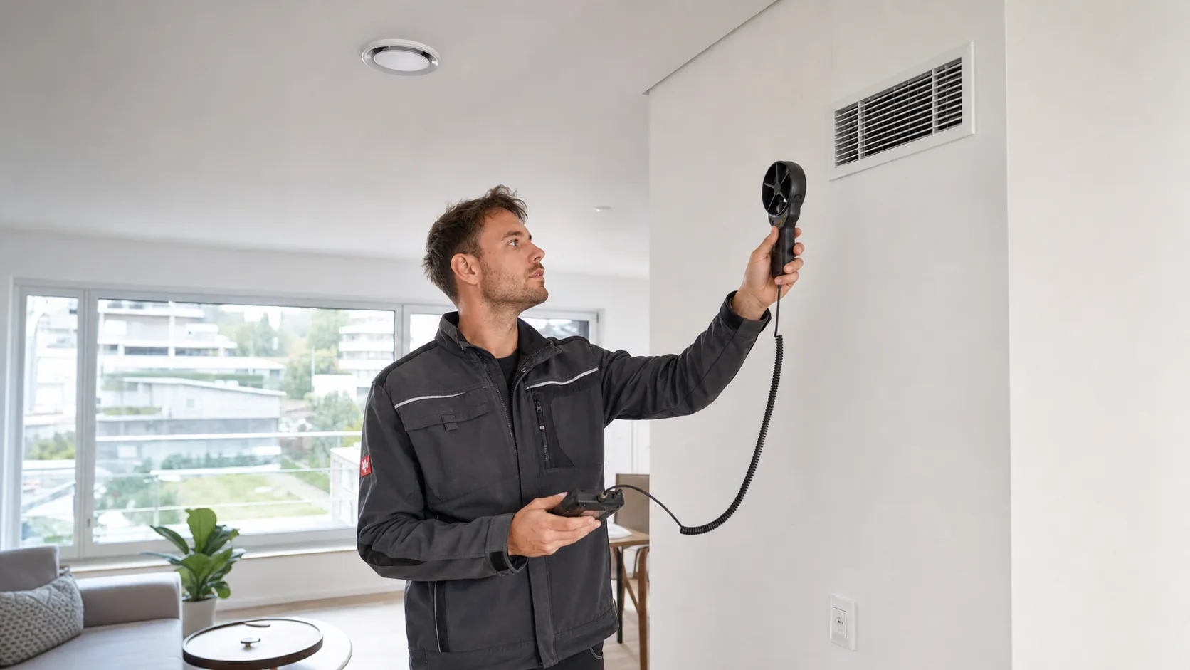 Technicien contrôlant le débit d'air d'une bouche de ventilation